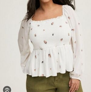 Torrid White Floral Smocked Blouse